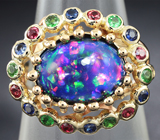 Золотое кольцо с роскошным черным опалом 3,22 карат, синими сапфирами, рубинами, цаворитами и бриллиантами Золото