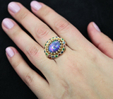 Золотое кольцо с роскошным черным опалом 3,22 карат, синими сапфирами, рубинами, цаворитами и бриллиантами Золото