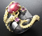 Серебряное кольцо cо звездчатым рубином и родолитами Серебро 925