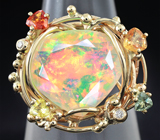 Золотое кольцо с роскошным ограненным эфиопским опалом 5,36 карат, разноцветными сапфирами и бриллиантами Золото