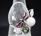 Серебряное кольцо с рутиловым кварцем и жемчужиной Серебро 925