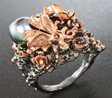 Серебряное кольцо с цветным жемчугом и родолитами Серебро 925