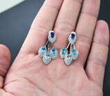 Замечательные серебряные серьги с голубыми топазами и аметистами Серебро 925