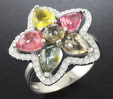 Чудесное серебряное кольцо с разноцветынми турмалинами Серебро 925