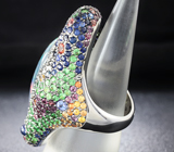 Серебряное кольцо c австралийским триплет опалом, разноцветными сапфирами, танзанитами, цаворитами и родолитами Серебро 925