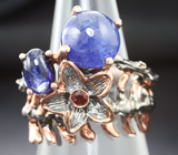 Серебряное кольцо с синими сапфирами 5,75 карата и родолитом