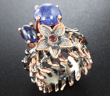 Серебряное кольцо с синими сапфирами 5,75 карата и родолитом Серебро 925