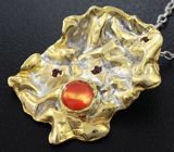 Серебряный кулон с корнелианом и мозамбикскими гранатами+ цепочка Серебро 925