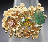 Золотое кольцо с демантоидом 1,28 карат, кристаллом берилла 1,18 карат, александритом и бриллиантами Золото