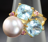 Серебряное кольцо с розовой жемчужиной, голубыми топазами, родолитами и сапфирами Серебро 925
