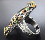 Серебряное кольцо с лабрадоритом, разноцветными сапфирами цаворитами и родолитами Серебро 925