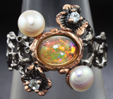 Серебряное кольцо с кристаллическим эфиопским опалом, жемчугом и бесцветными топазами Серебро 925