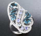 Элегантное серебряное кольцо с насыщенно-синими топазами и танзанитами Серебро 925