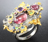 Серебряное кольцо с турмалином, цаворитами гранатами, аметистами и разноцветными  сапфирами Серебро 925