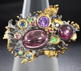 Серебряное кольцо с турмалином, цаворитами гранатами, аметистами и разноцветными  сапфирами