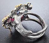 Серебряное кольцо с турмалином, цаворитами гранатами, аметистами и разноцветными  сапфирами