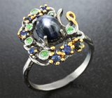 Серебряное кольцо cо звездчатым сапфирами и цаворитами гранатами Серебро 925