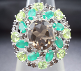 Эффектное серебряное кольцо с дымчатым кварцем, зелеными агатами и перидотами Серебро 925
