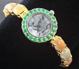 Часы с зелеными агатами на серебряном браслете с эфиопскими опалами Серебро 925