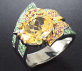 Серебряное кольцо с цитрином, родолитами и цаворитами Серебро 925