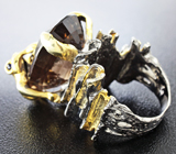 Серебряное кольцо с дымчатым кварцем и насыщенно-синими сапфирами Серебро 925