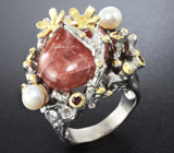 Серебряное кольцо с солнечным камнем, жемчугом и мозамбикскими гранатами Серебро 925