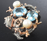 Серебряное кольцо с голубыми топазами и жемчугом Серебро 925