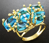 Золотое кольцо с голубыми топазами 19,19 карат и бриллиантами Золото