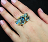 Золотое кольцо с голубыми топазами 19,19 карат и бриллиантами Золото