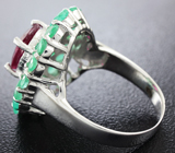 Роскошное серебряное кольцо с рубином и изумрудами Серебро 925