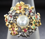 Серебряное кольцо с жемчугом, цаворитами и сапфирами Серебро 925