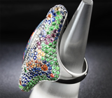 Серебряное кольцо c австралийским триплет опалом, разноцветными сапфирами, цаворитами и родолитами Серебро 925