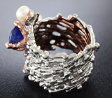 Серебряное кольцо с синим сапфиром 6,24 карат и жемчугом Серебро 925