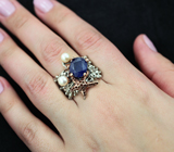 Серебряное кольцо с синим сапфиром 6,24 карат и жемчугом Серебро 925
