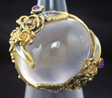 Серебряное кольцо с крупным розовым кварцем и аметистами Серебро 925