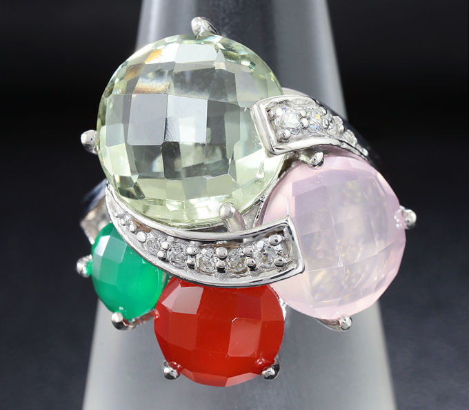 Серебряное кольцо с празиолитом, розовым кварцем, агатом и корнелианом