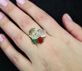 Серебряное кольцо с празиолитом, розовым кварцем, агатом и корнелианом Серебро 925