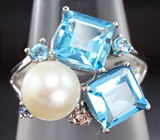 Оригинальное серебряное кольцо с жемчужиной и голубыми топазами Серебро 925