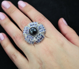 Роскошное серебярное кольцо с цветной жемчужиной и танзанитами Серебро 925