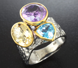 Серебряное кольцо с аметистом, голубым топазом и цитрином Серебро 925