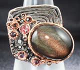 Серебряное кольцо с  обсидианом и родолитами Серебро 925