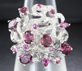Оригинальное серебряное кольцо с родолитами и пурпурными сапфирами Серебро 925