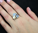 Стильное серебряное кольцо с жемчужиной, халцедоном и голубыми топазами Серебро 925