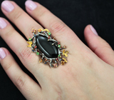 Серебряное кольцо с ониксом, цаворитами и разноцветными сапфирами Серебро 925