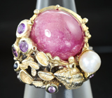 Серебряное кольцо с рубином массой 15,29 карат, жемчужиной, аметистами и синим сапфиром Серебро 925