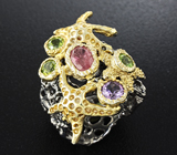 Серебряное кольцо с пурпурным сапфиром, аметистом и перидотами Серебро 925