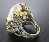 Серебряное кольцо с жемчужиной барокко и гранатами Серебро 925
