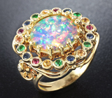 Золотое кольцо с потрясающим эфиопским опалом 3,65 карат, рубинами, синими сапфирами, цаворитами и бриллиантами Золото