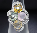 Эффектное серебряное кольцо с празиолитом, цитрином, рутиловым и розовым кварцем Серебро 925