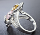 Эффектное серебряное кольцо с празиолитом, цитрином, рутиловым и розовым кварцем Серебро 925